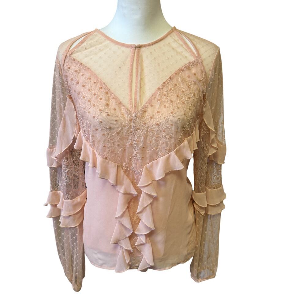 GUESS romantic lace and ruffled light pink long sleeve blouse womens large - Picture 2 of 11